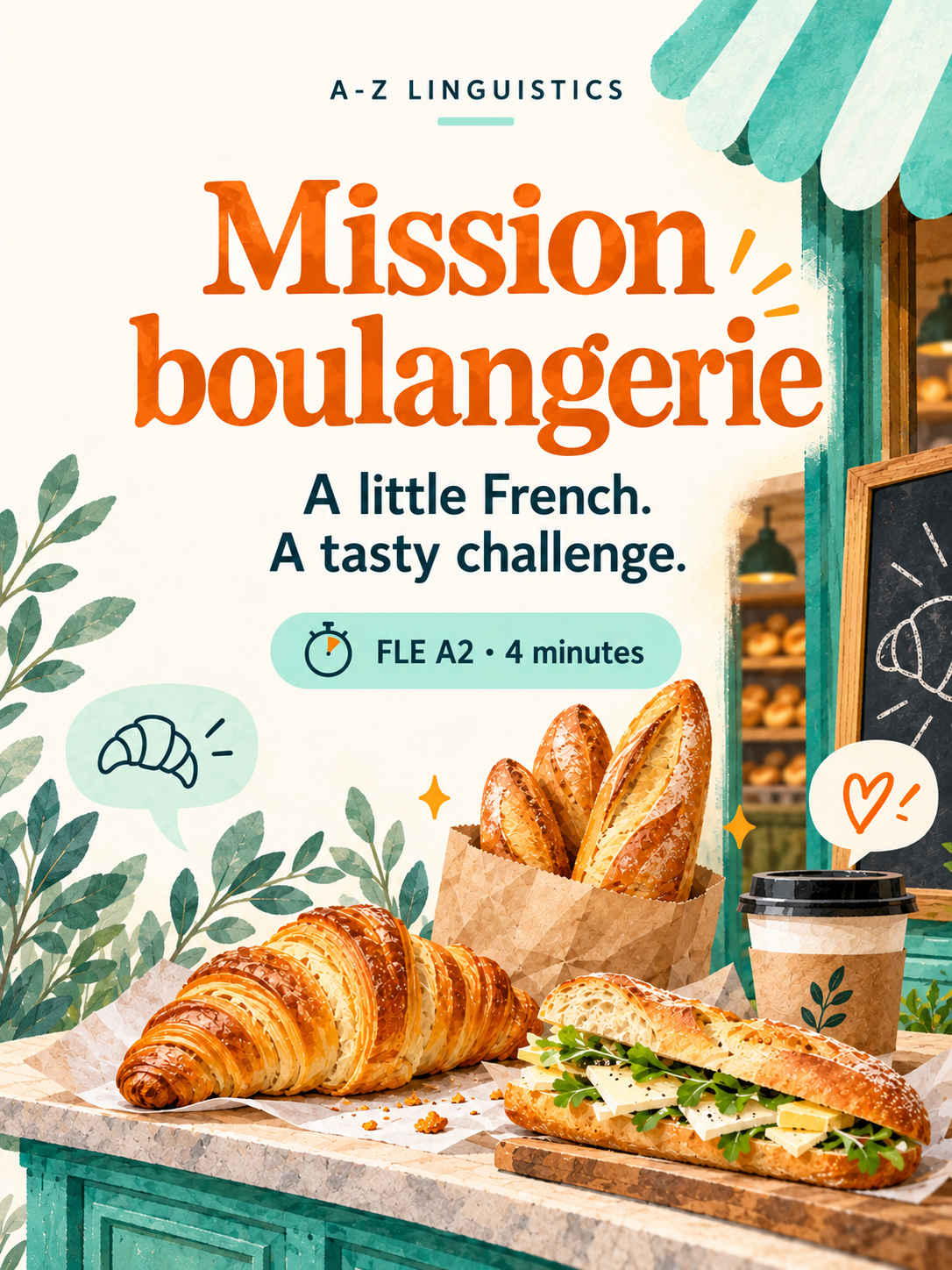 Mission boulangerie: a four-minute A2 French activity, illustrated with croissants, baguettes and a sandwich in A-Z Linguistics’ brand colours.