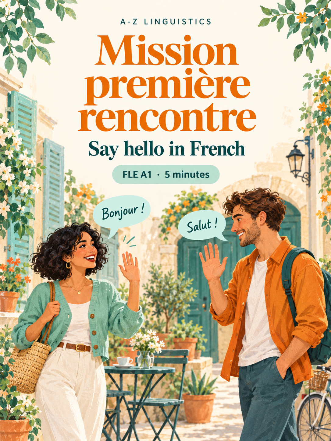 Mission première rencontre: an A1 French activity illustrated by two adults greeting each other with Bonjour and Salut.